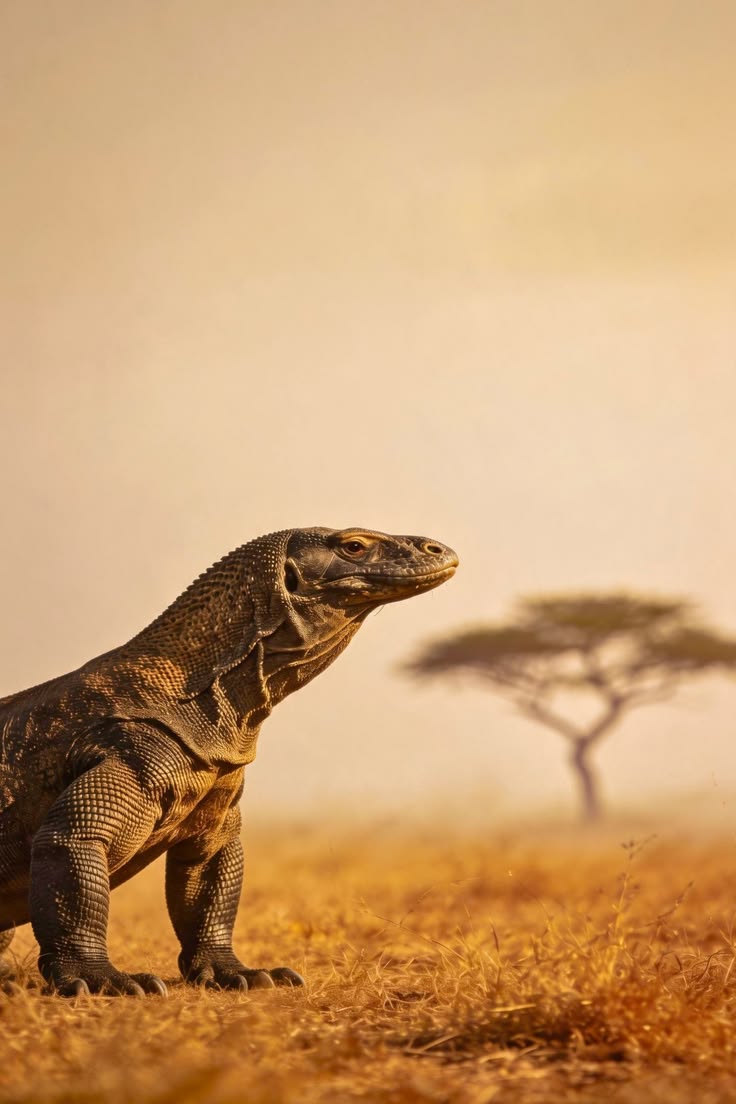 Komodo dragon at the edge of the savannah