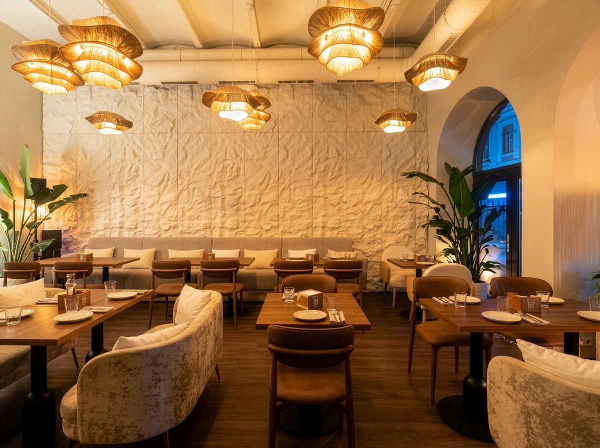 Komodo Lounge Old Town interior with woven pendant lights, sculpted stone wall and tropical plants