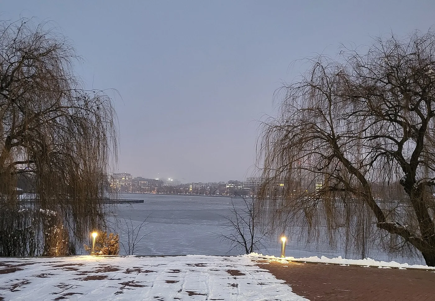 Lacul Floreasca înghețat în amurg, sălcii pe mal și luminile orașului peste apă